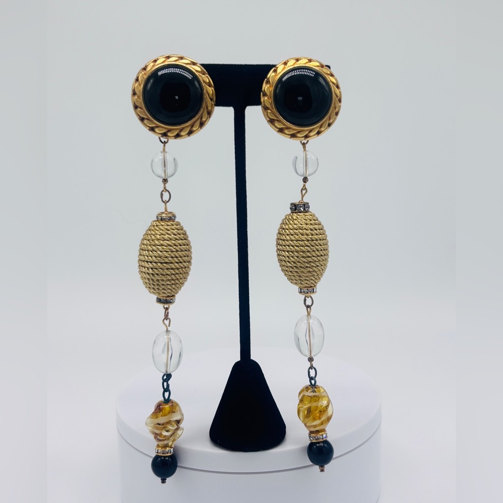 RARE Vintage Baroque Etruscan Gold Earrings w/ Black Cabochon & Venetian‎ Glass